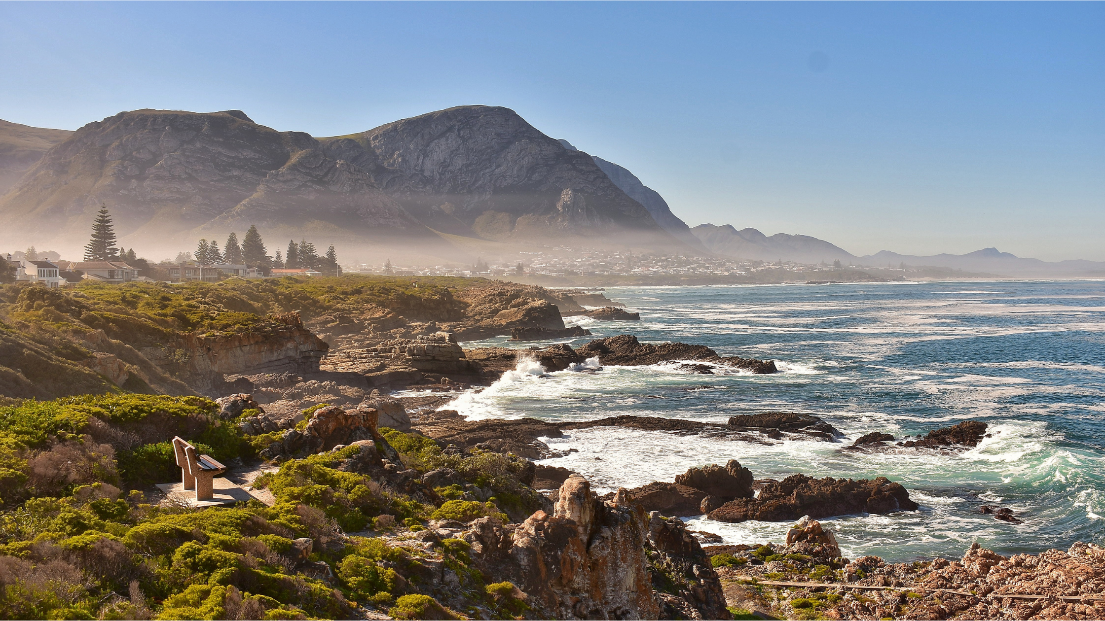 Panoramic view of Walker Bay during Hermanus whale watching season.